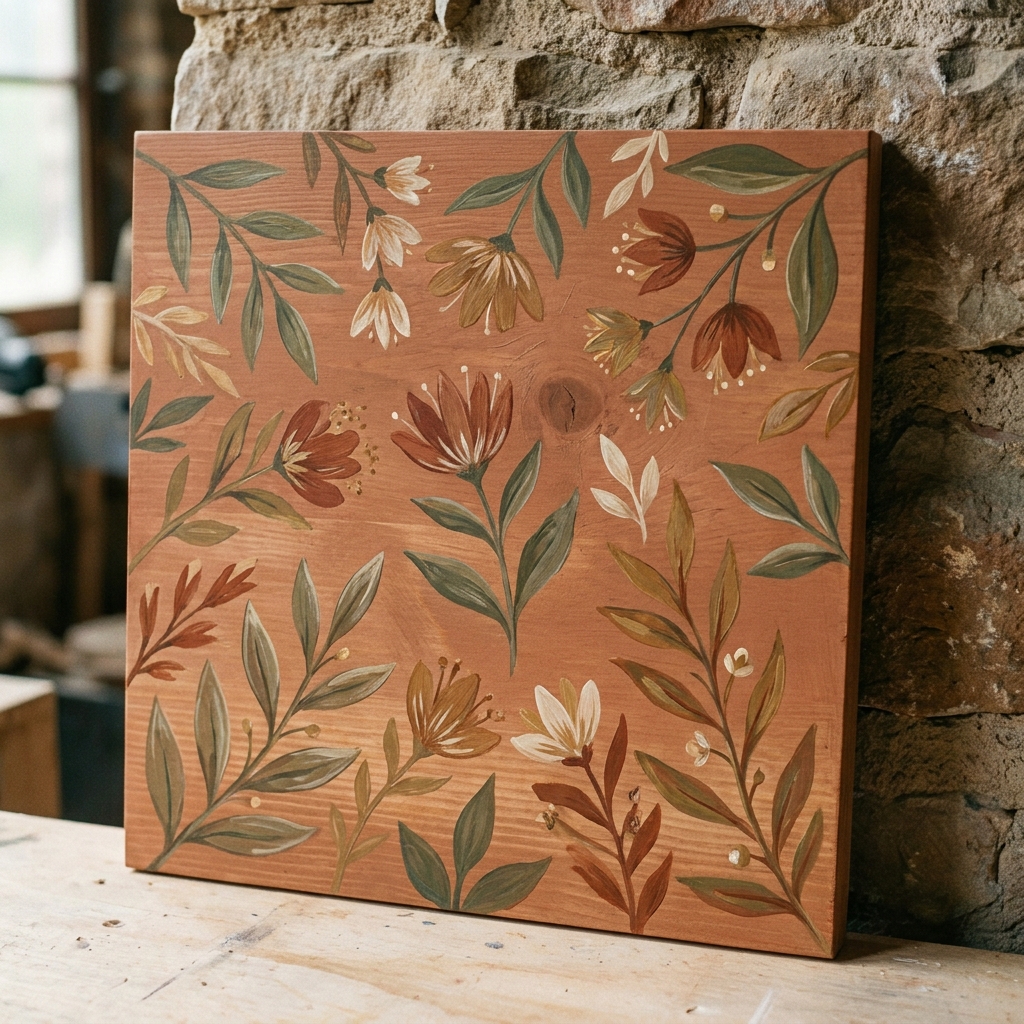 Pannello quadrato in legno dipinto con motivo botanico caldo