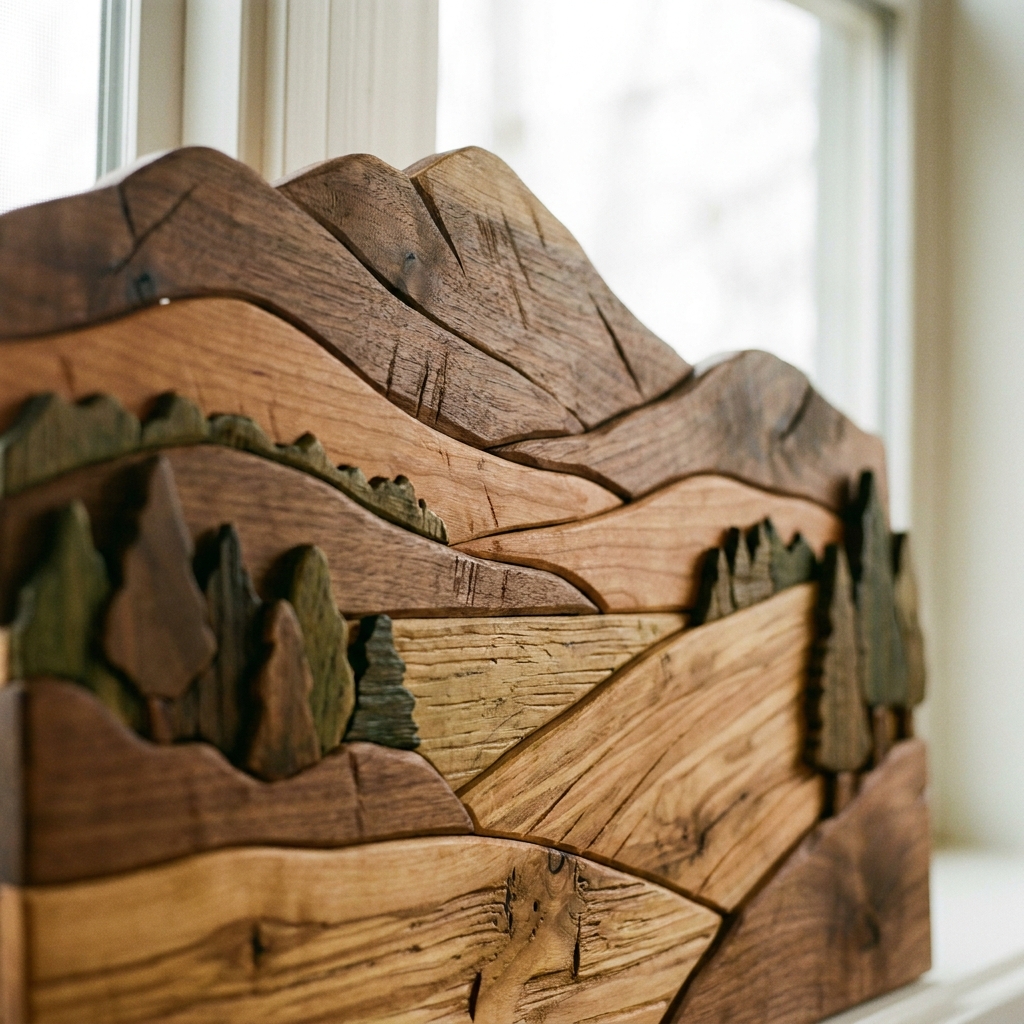 Intarsio in legno con forme di paesaggio e campagna